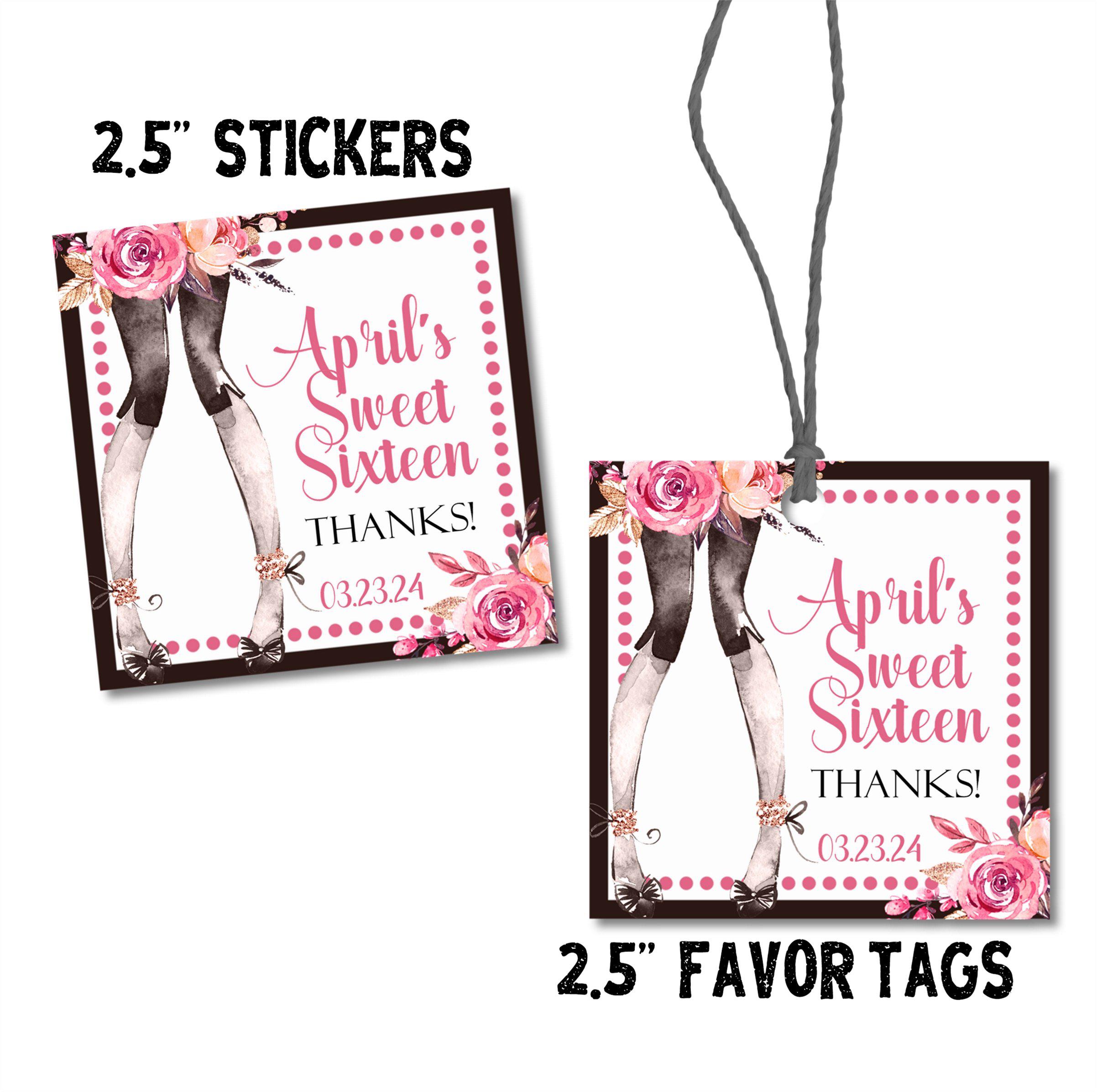 Pink & Black Sweet 16 Stickers Or Favor Tags