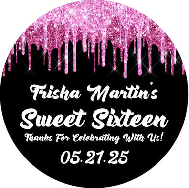 Pink & Black Sweet 16 Stickers Or Favor Tags