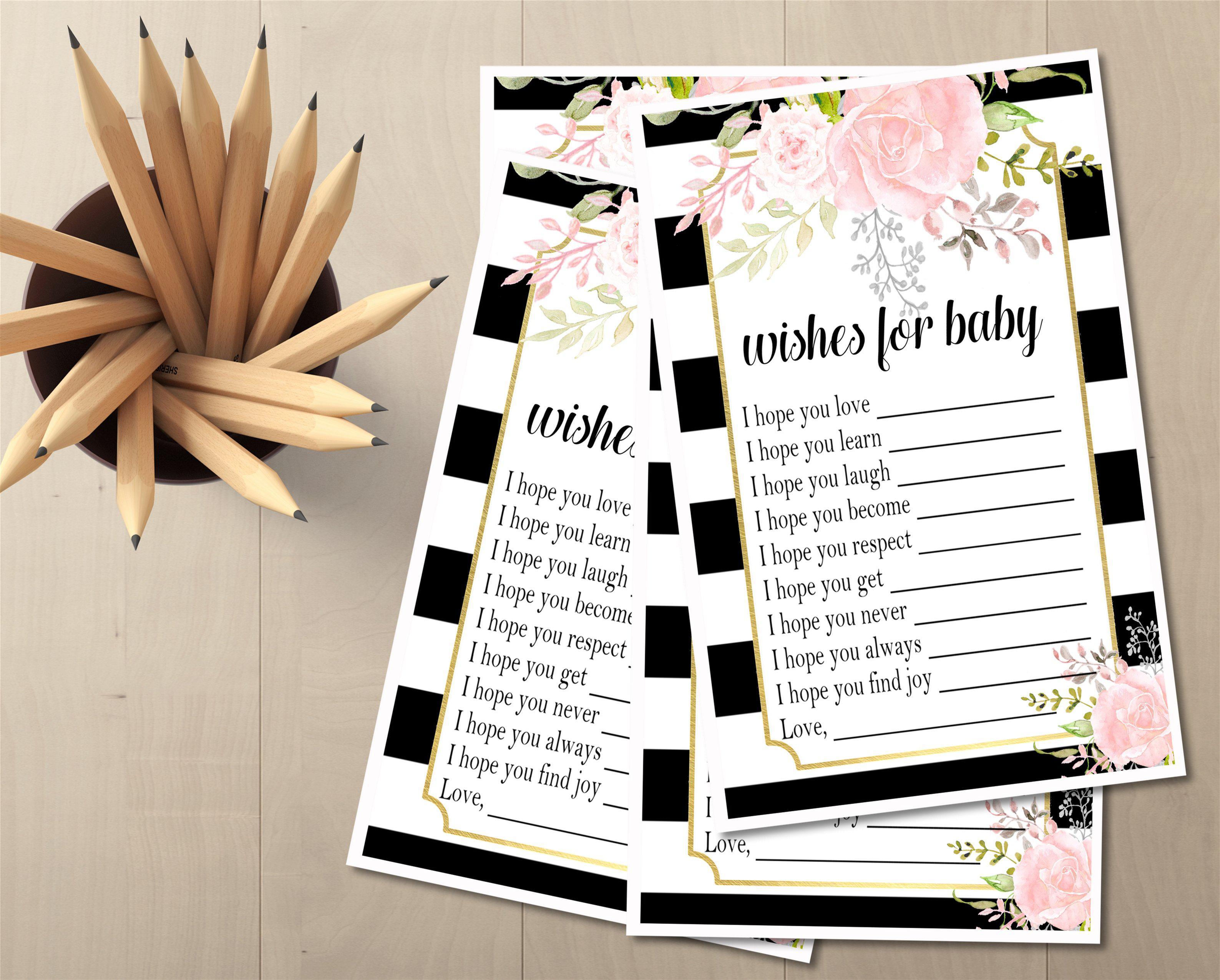 Pink, Black & White Floral Baby Shower Wish Cards