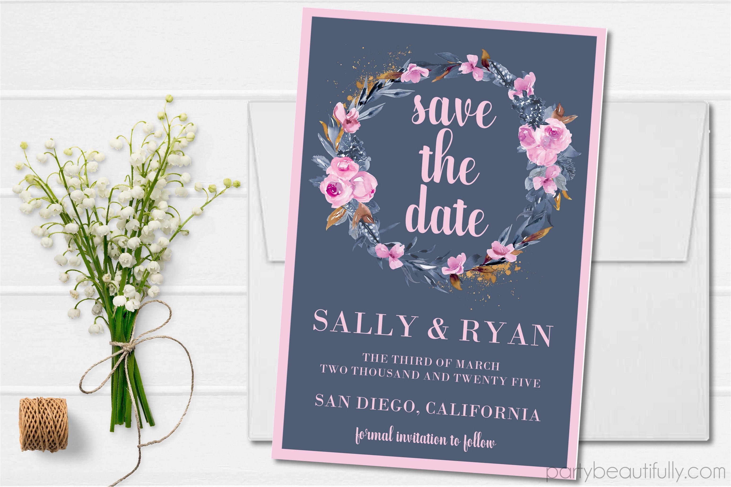 Pink, Blue And Gold Wedding Save The Date Cards