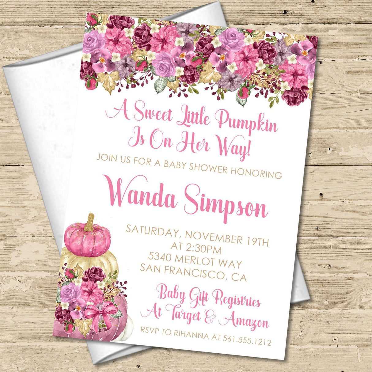 Pink Fall Pumpkin Baby Shower Invitations