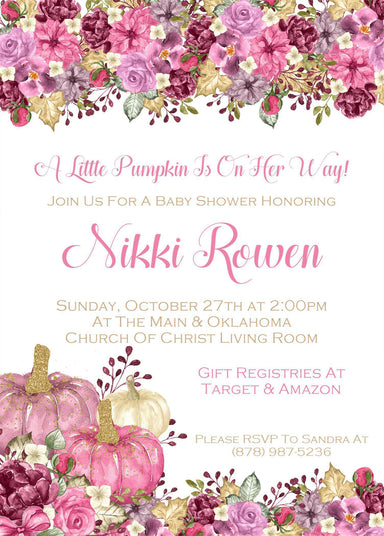 Pink Fall Pumpkin Baby Shower Invitations