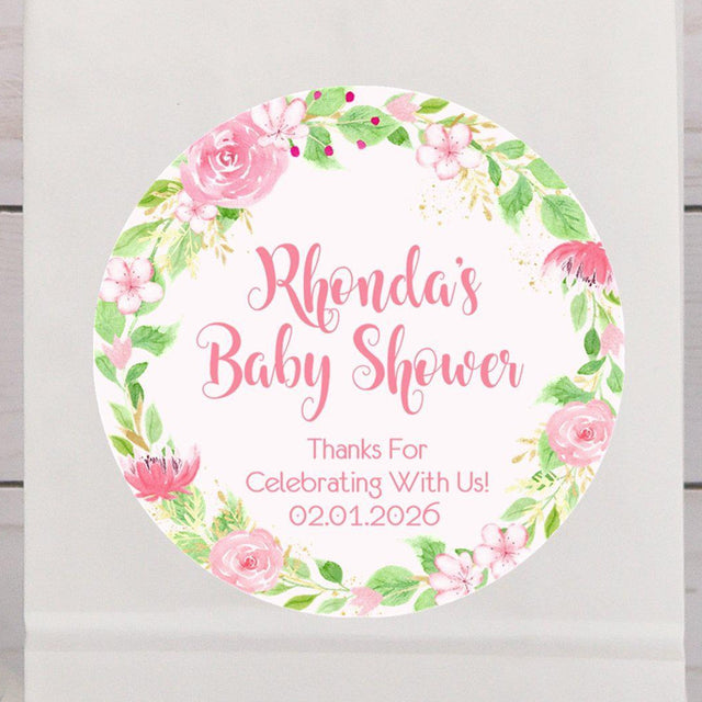 Pink Floral Baby Shower Stickers Or Favor Tags