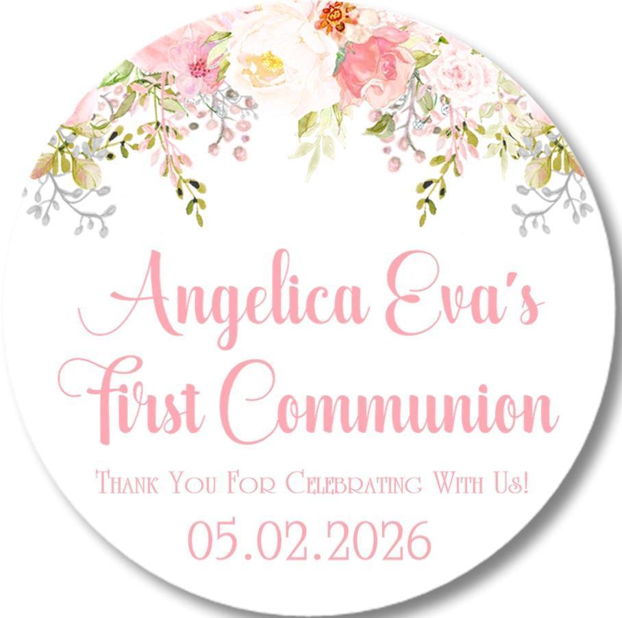Pink Floral First Communion Stickers Or Favor Tags
