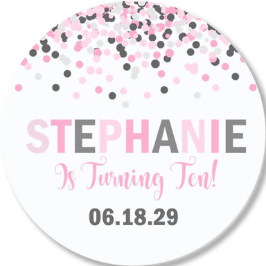 Pink & Grey Confetti Birthday Party Stickers Or Favor Tags