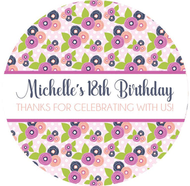 Pink, Navy Blue & Purple Floral Birthday Party Stickers Or Favor Tags