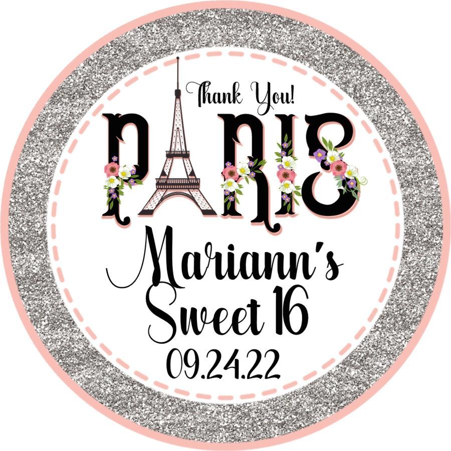 Pink & Silver Paris Sweet 16 Birthday Party Stickers Or Favor Tags