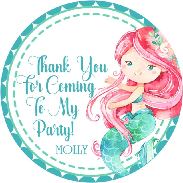 Pink-haired watercolor mermaid birthday sticker with teal tail