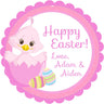 Pink Easter chick sticker with chick in cracked egg and pastel eggs