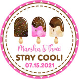 Pink “Stay Cool!” ice cream party favor sticker