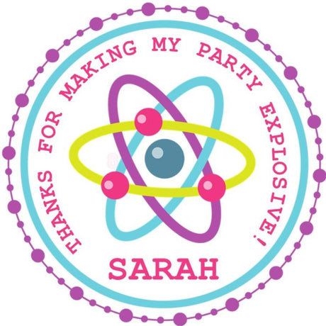 Pink and aqua atom science birthday sticker