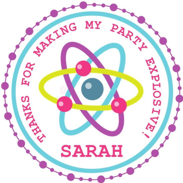 Pink and aqua atom science birthday sticker