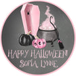 Pink and black Halloween sticker with cute witch and festive accents
