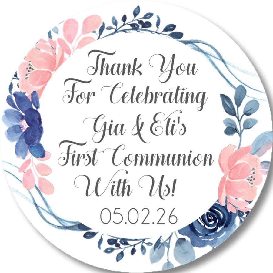 Pink and blue floral First Communion sticker