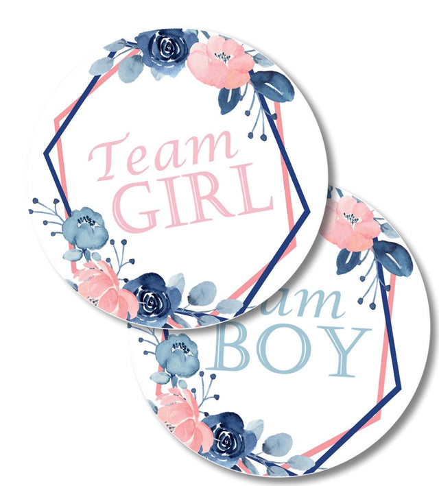 Pink and blue gender reveal stickers with floral frame design