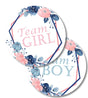 Pink and blue gender reveal stickers with floral frame design