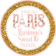 Pink and gold Paris birthday sticker with Eiffel Tower floral theme