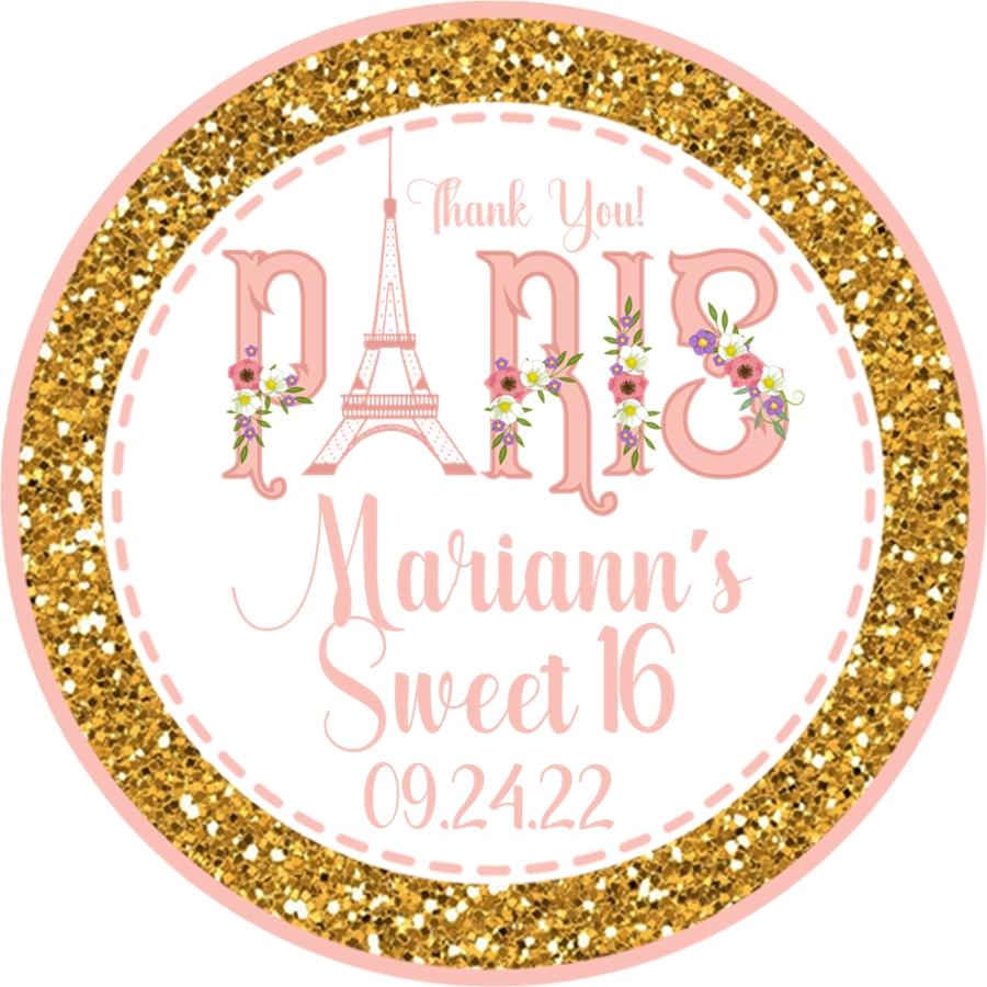 Pink and gold Paris birthday sticker with Eiffel Tower floral theme
