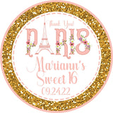 Pink and gold Paris birthday sticker with Eiffel Tower floral theme