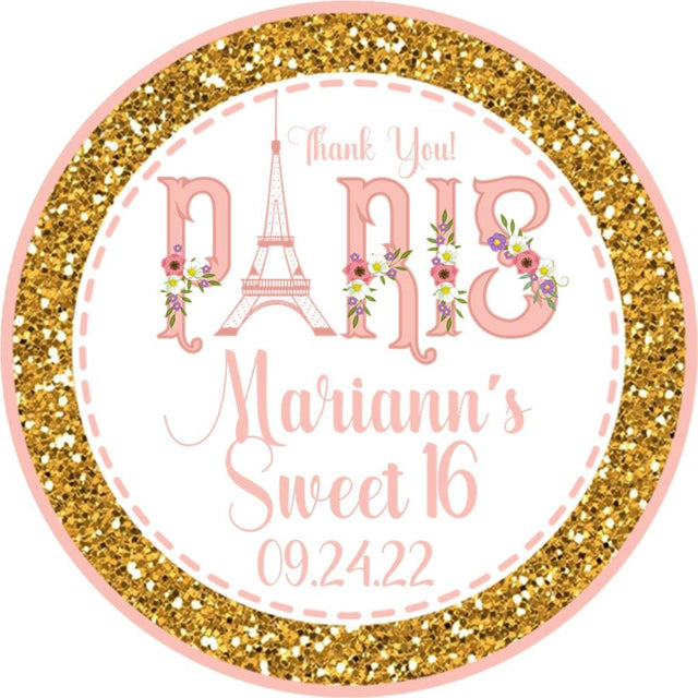 Pink and gold Paris birthday sticker with Eiffel Tower floral theme