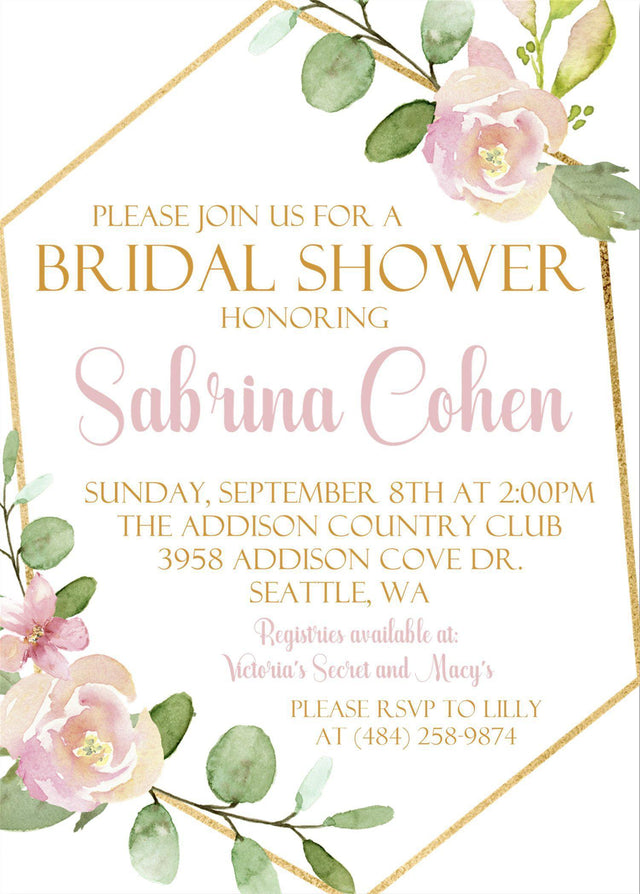 Pink and gold floral bridal shower invitation with geometric frame