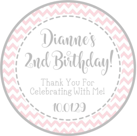 Pink and gray chevron birthday sticker with custom text