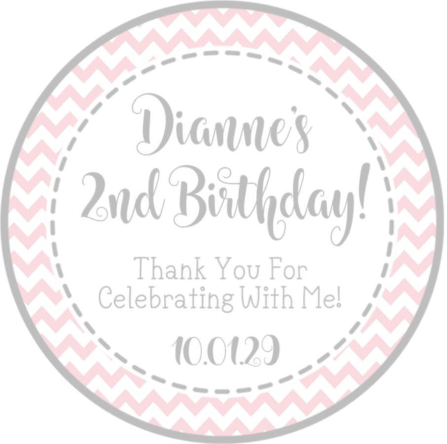 Pink and gray chevron birthday sticker with custom text
