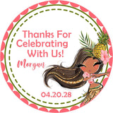 Pink and green Hawaiian party favor sticker with tropical flowers