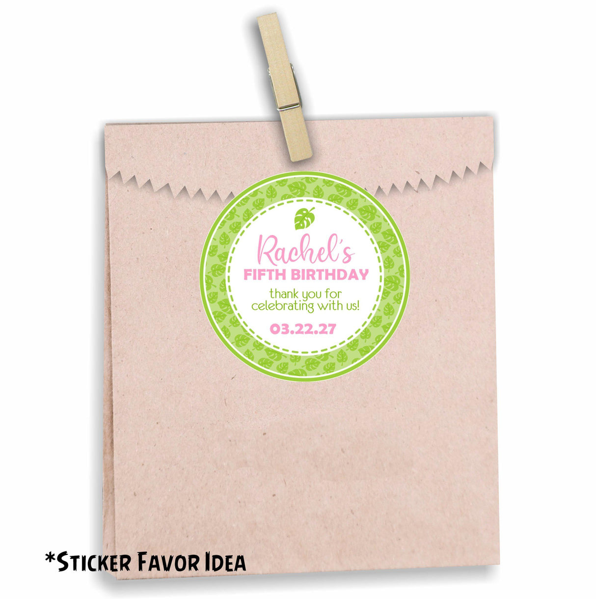 Pink and green foliage birthday party favor label