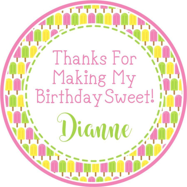 Pink and green popsicle birthday thank you sticker