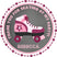 Pink and maroon roller skate party sticker with custom name Rebecca