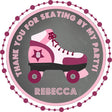 Pink and maroon roller skate party sticker with custom name Rebecca