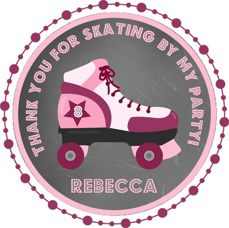 Pink and maroon roller skate party sticker with custom name Rebecca