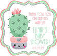 Pink and mint cactus succulent baby shower sticker with flower accent.