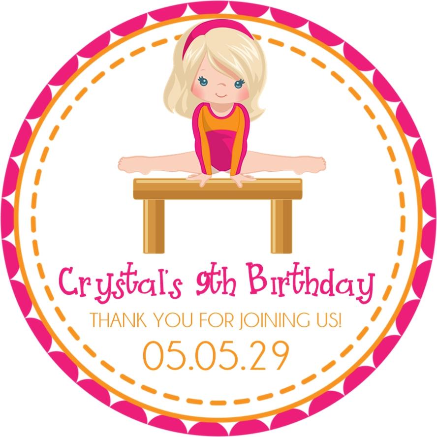 Pink and orange gymnastics birthday sticker with girl on balance beam