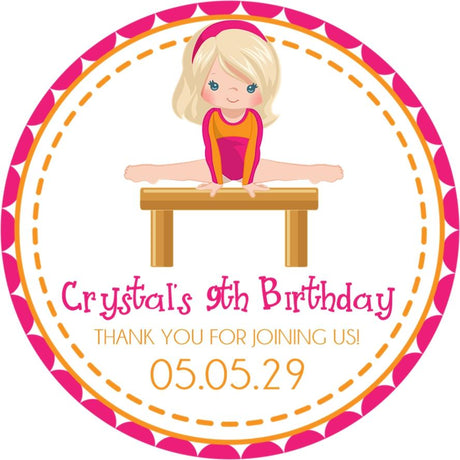 Pink and orange gymnastics birthday sticker with girl on balance beam