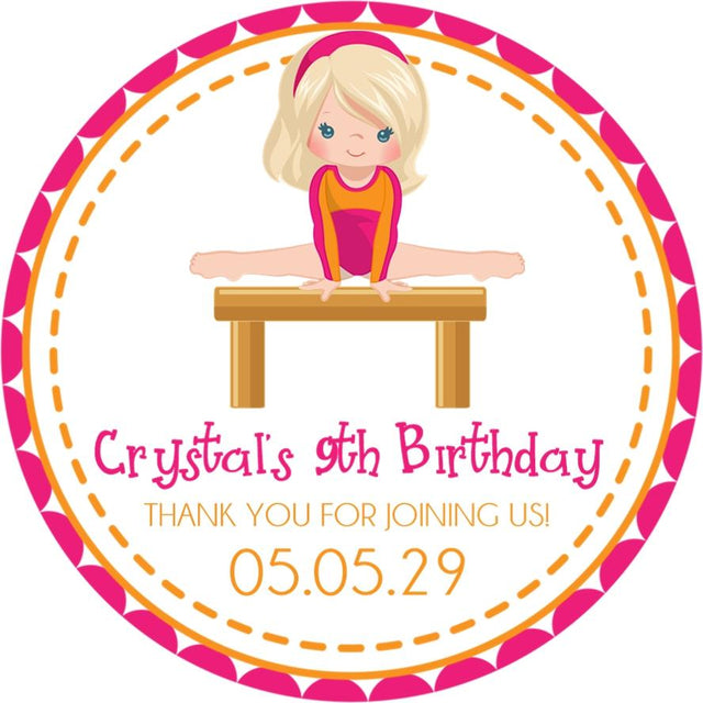 Pink and orange gymnastics birthday sticker with girl on balance beam