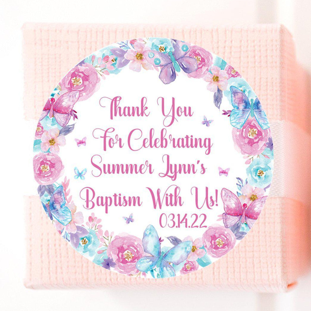 Pink and purple butterfly floral Baptism sticker