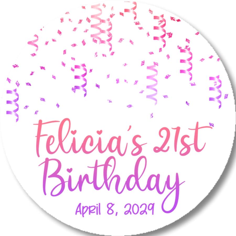Pink and purple confetti birthday sticker with custom name