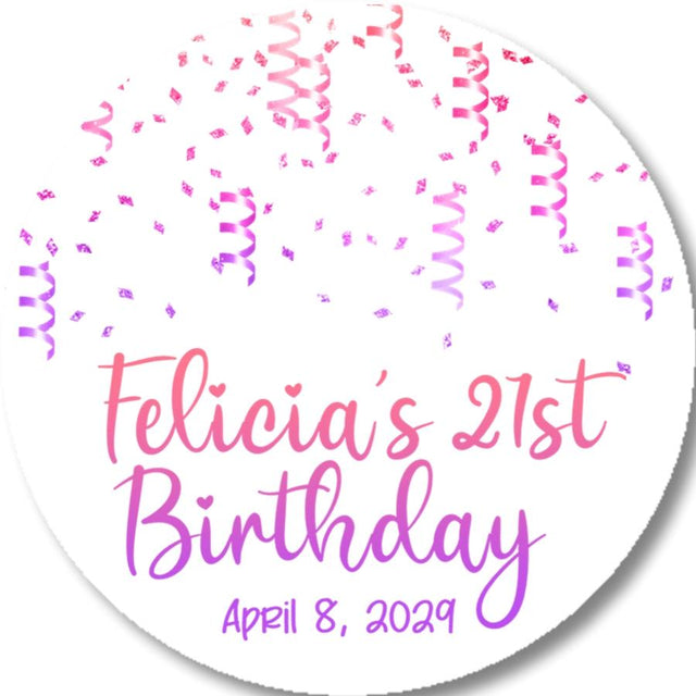Pink and purple confetti birthday sticker with custom name
