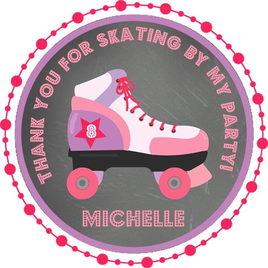 Pink and purple roller skating birthday sticker with name Michelle
