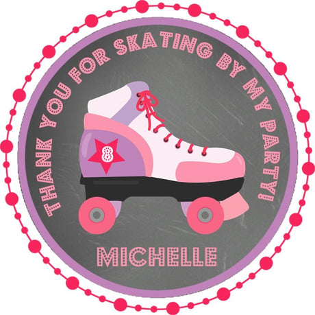 Pink and purple roller skating birthday sticker with name Michelle