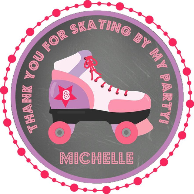 Pink and purple roller skating birthday sticker with name Michelle