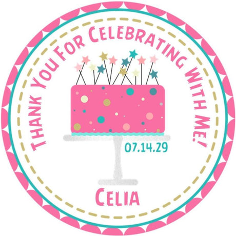 Pink and turquoise birthday cake sticker with stars