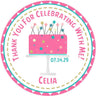Pink and turquoise birthday cake sticker with stars