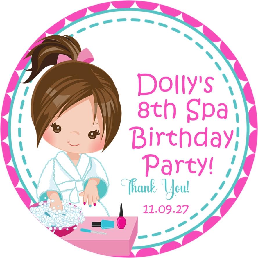 Pink and turquoise spa birthday sticker with character and spa accessories
