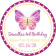 Pink and yellow butterfly birthday sticker with dotted border