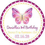 Pink and yellow butterfly birthday sticker with dotted border