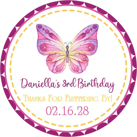 Pink and yellow butterfly birthday sticker with dotted border
