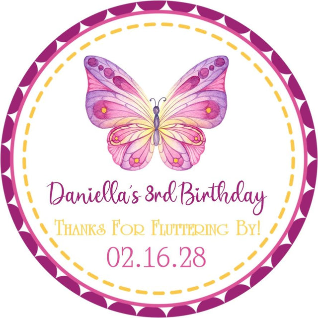 Pink and yellow butterfly birthday sticker with dotted border